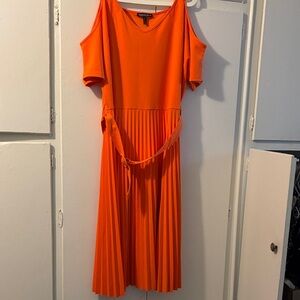 Ann Taylor Orange Cold-Shoulder Pleated Midi Dress